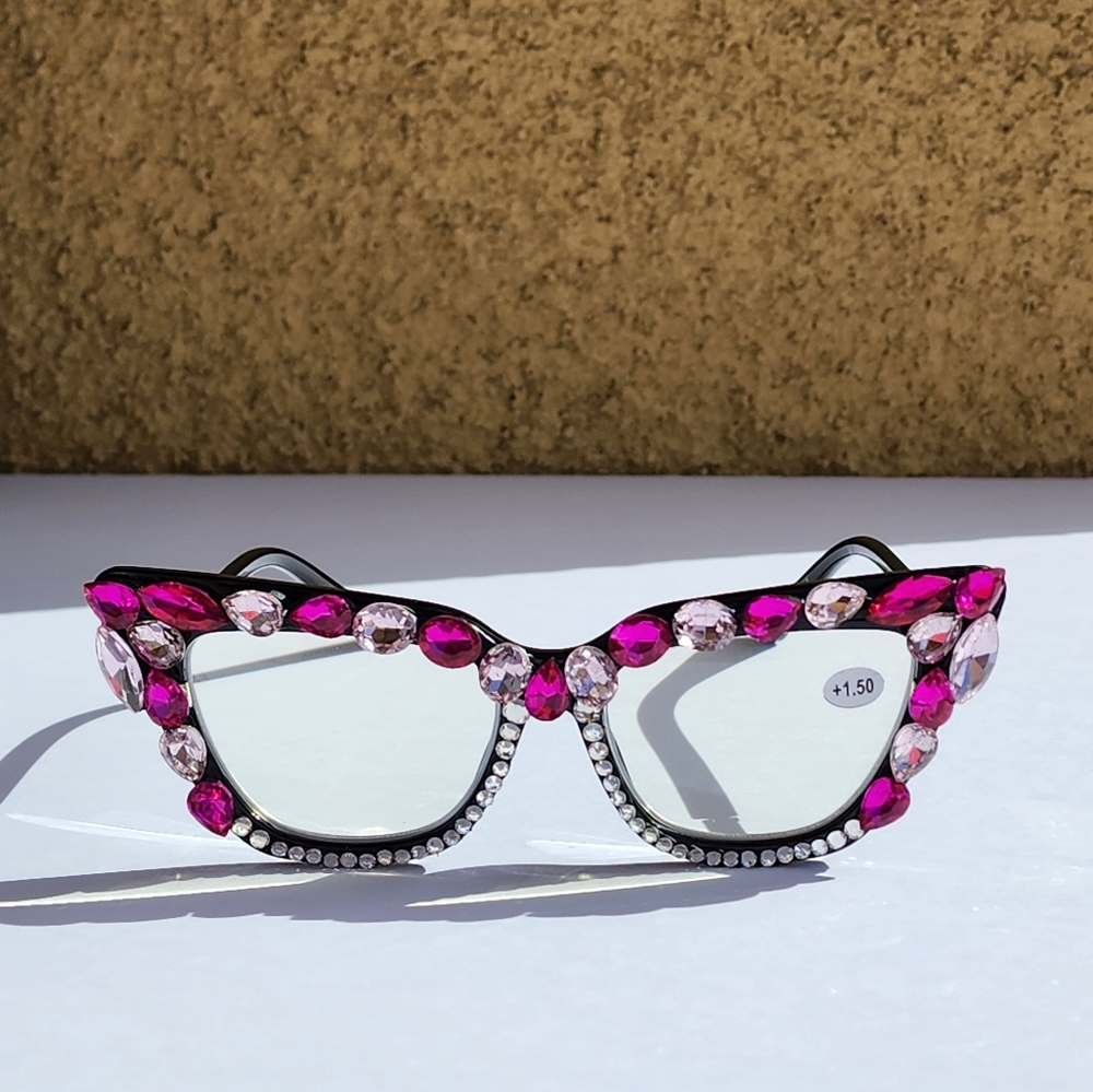 Women's Bling Cat Eye Readers Pink Rhinestones AB Reading Glasses Black +2.50